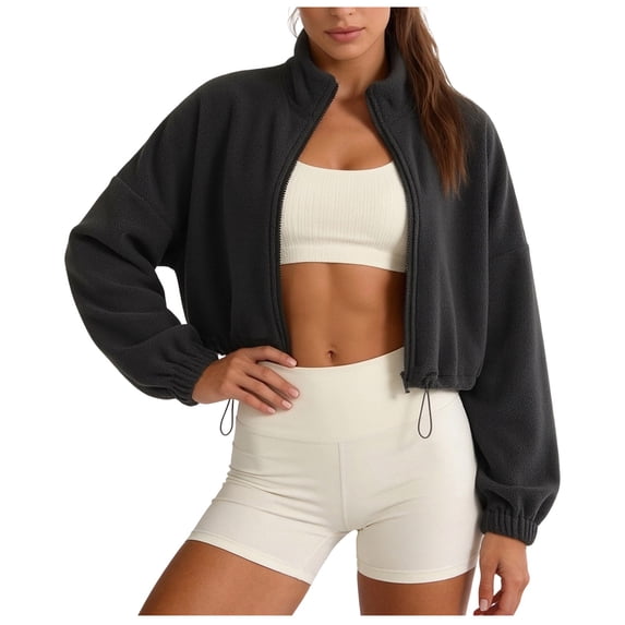 KHONTS Women's Full Zip Short Jacket Warm Winter Long Sleeve Stand Collar Sherpa Crop Coat Black M
