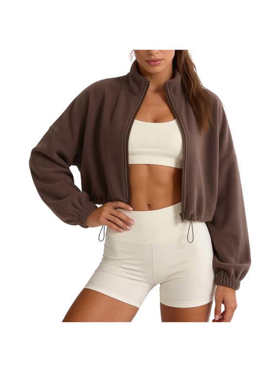Women's Full Zip Fleece Short Jacket Warm Winter Long Sleeve Stand Collar Sherpa Crop Coat Coffee M