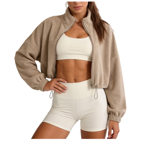 KHONTS Women's Full Zip Short Jacket Warm Winter Long Sleeve Stand Collar Sherpa Crop Coat Khaki M