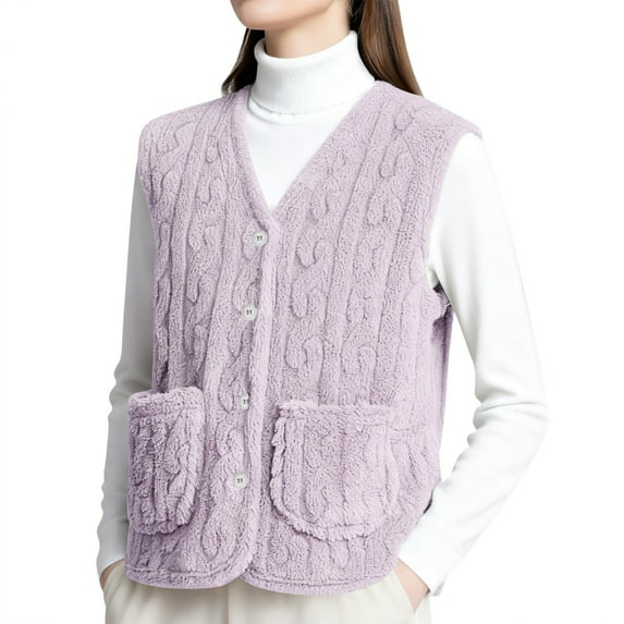 KHONTS Women's Fuzzy Cardigan Sweater Vest Sleeveless Button down Knitted Outwear with Pockets Light Purple L