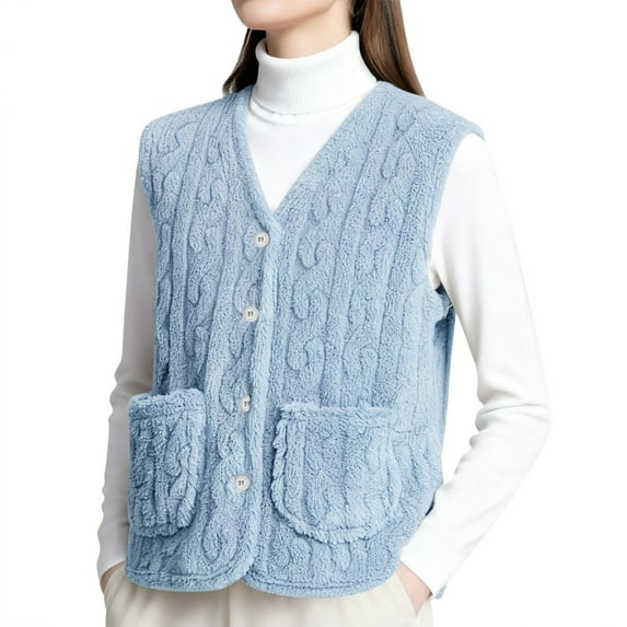 KHONTS Women's Fuzzy Cardigan Sweater Vest Sleeveless Button down Knitted Outwear with Pockets Sky Blue XL