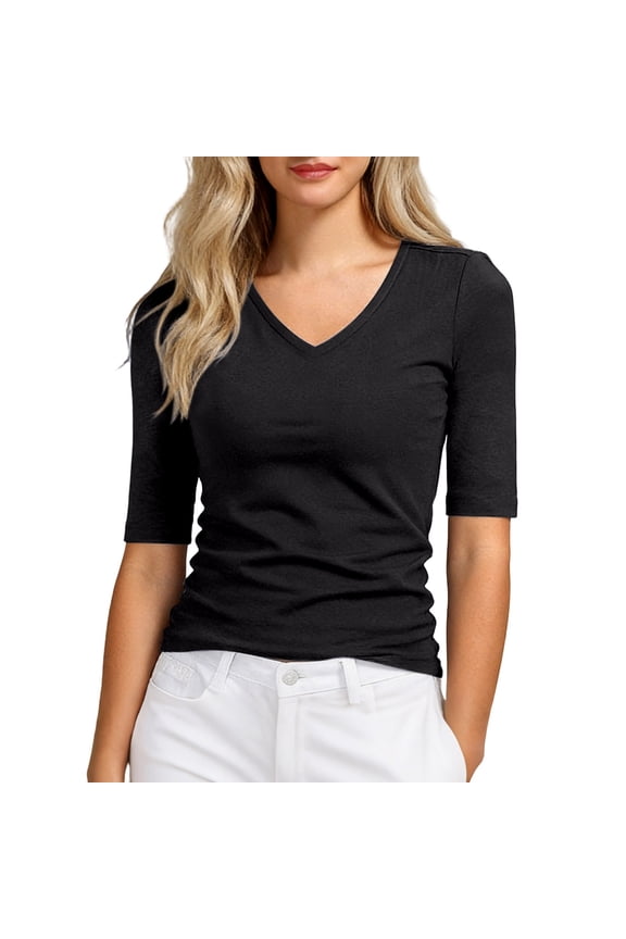 Women's Half Sleeve V Neck T Shirts Mid Elbow Length Sleeve Shirts Slim Fit Tunic Tops Casual Summer Tees Black S