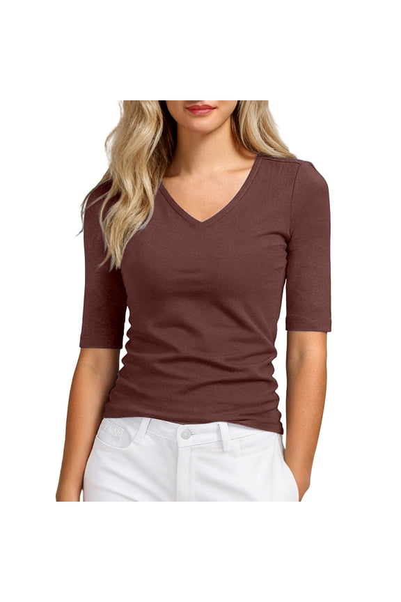 Women's Half Sleeve V Neck T Shirts Mid Elbow Length Sleeve Shirts Slim Fit Tunic Tops Casual Summer Tees Coffee M