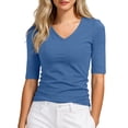 thumbnail image 1 of KHONTS Women's Half Sleeve V Neck T Shirts Mid Elbow Length Sleeve Shirts Slim Fit Tunic Tops Casual Summer Tees Navy2 XXL, 1 of 4