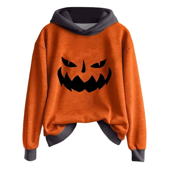 KHONTS Women's Halloween Pumpkin Hoodies Funny Face Hooded Sweatshirts Long Sleeve Holiday Tops Orange5 S