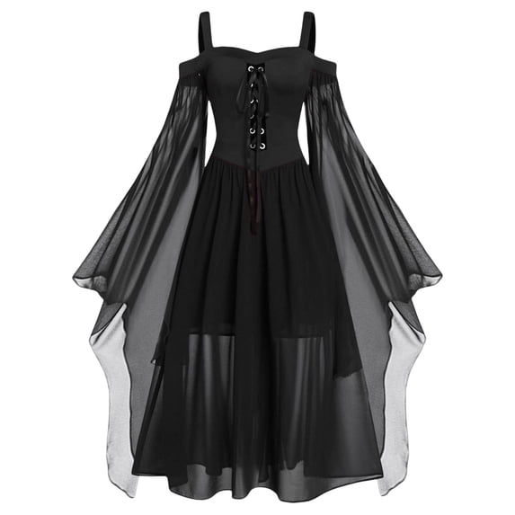 KHONTS Women's Halloween Witch Dress Cold Shoulder Lace up Corset Dresses Long Bell Butterfly Sleeve Mesh Gothic Outfits 07-Black XXXXL