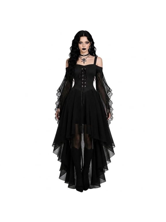 Women's Halloween Witch Dress Cold Shoulder Lace up Corset Dresses Long Flared Sleeve Mesh Gothic Outfits 01-Black L