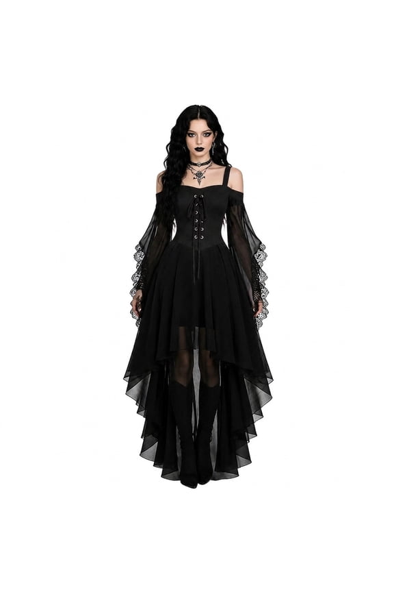 Women's Halloween Witch Dress Cold Shoulder Lace up Corset Dresses Long Flared Sleeve Mesh Gothic Outfits 01-Black L