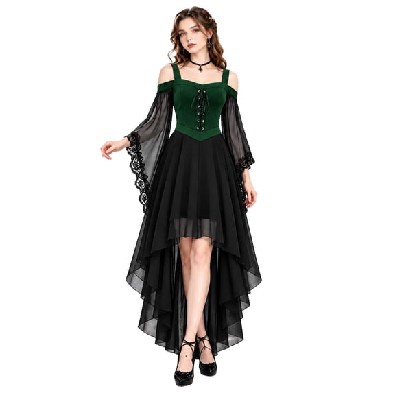 KHONTS Women's Halloween Witch Dress Cold Shoulder Lace up Corset Dresses Medieval Long Flared Sleeve Mesh Gothic Outfits 01-Green M