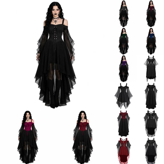 KHONTS Women's Halloween Witch Dress Cold Shoulder Lace up Corset Dresses Long Flared Sleeve Mesh Gothic Outfits 06- XL