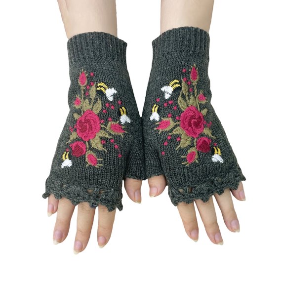 KHONTS Women's Hand Embroidered Knitted Flower Fingerless Gloves 01-Dark Gray One Size