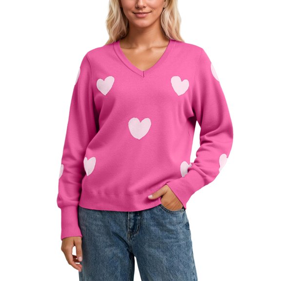 KHONTS Women's Hearted Printed V Neck Sweaters Long Sleeve Comfort Knitted T Shirts Casual Winter Fall Fashion Tops RD1 XXL