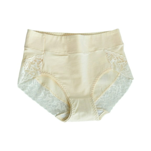KHONTS Women's High Waisted Lace Breathable Underpants Comfort Support Elongated Crotch Underwear Beige M