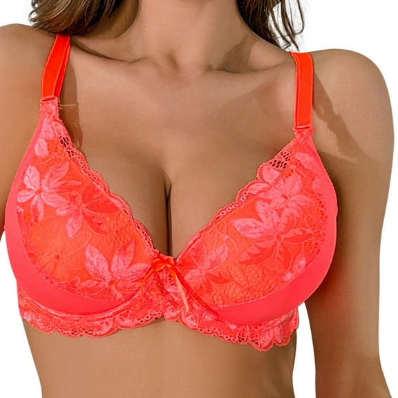 KHONTS,Women's Lace Stitching Embroidery Deep V Bras Underwire Gathering Push up Bra Supportive Lift Bralettes for Large Breast Red 80C