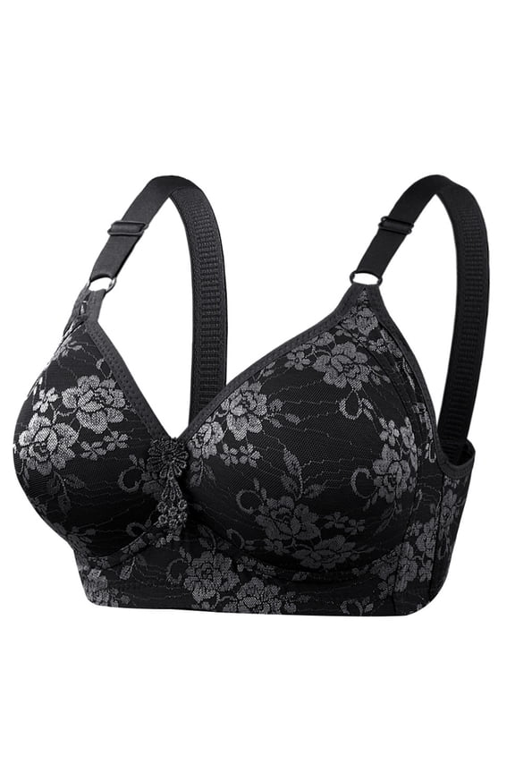 Women's Lace Supportive Push up Bras Plus Size Lifting Floral Bra Thin Pad Soft Breathable Comfy Bralettes for Everyday Wear Black 100C