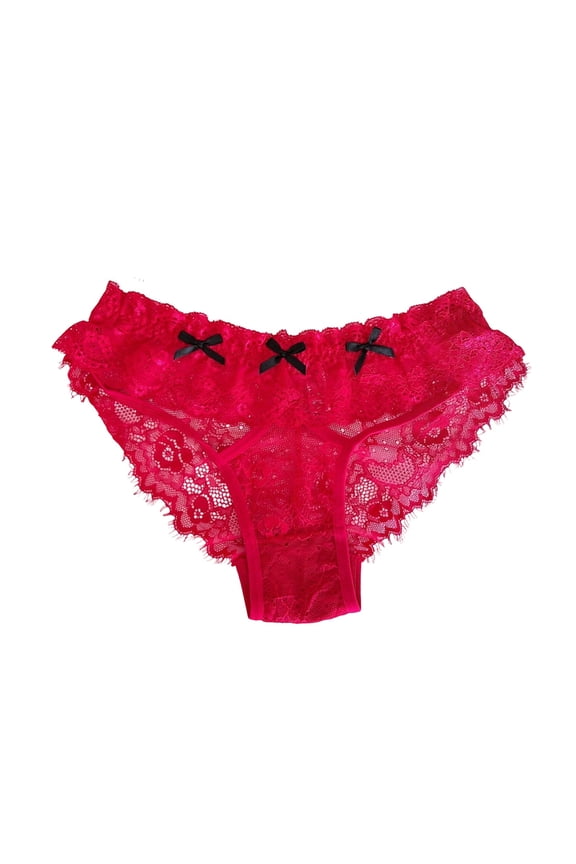 Women's Lace Trim Sweet Briefs Sheer See Through Low Waist Ruffle Cheeky Underpants Red L