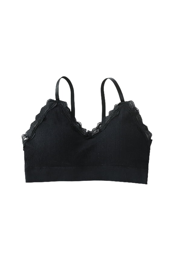 Women's Lace Wireless Ribbed Bralettes Comfy Spaghetti Strap Knit Everyday Bra with Adjustable Straps Black One Size