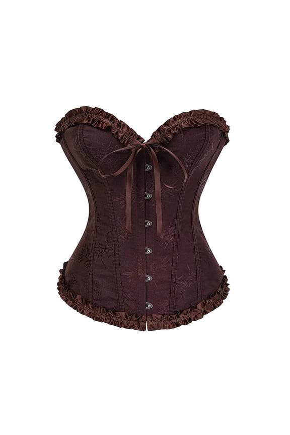 ,Women's Lace up Boned Overbust Corset Bustier Lingerie Bodyshaper Tops Brown XS