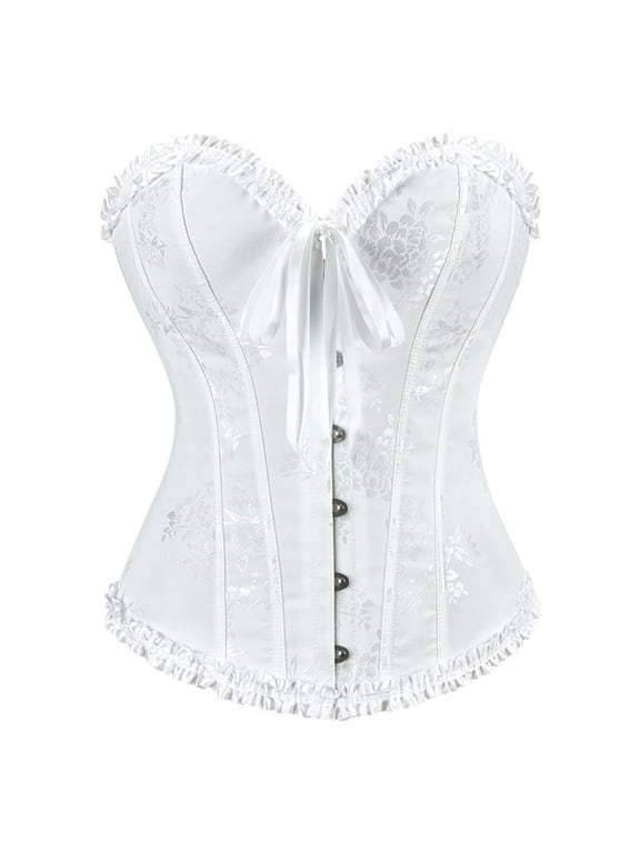 ,Women's Lace up Boned Overbust Corset Bustier Bodyshaper Tops White XS