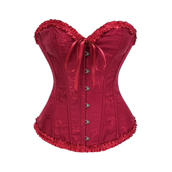 KHONTS,Women's Lace up Boned Overbust Corset Bustier Lingerie Bodyshaper Tops Wine L