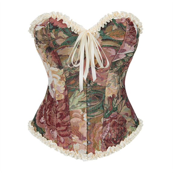 KHONTS Women's Lace up Corset Top Retro Floral Printed Overbust Body Shaper Bustier Corsets Beige XXL