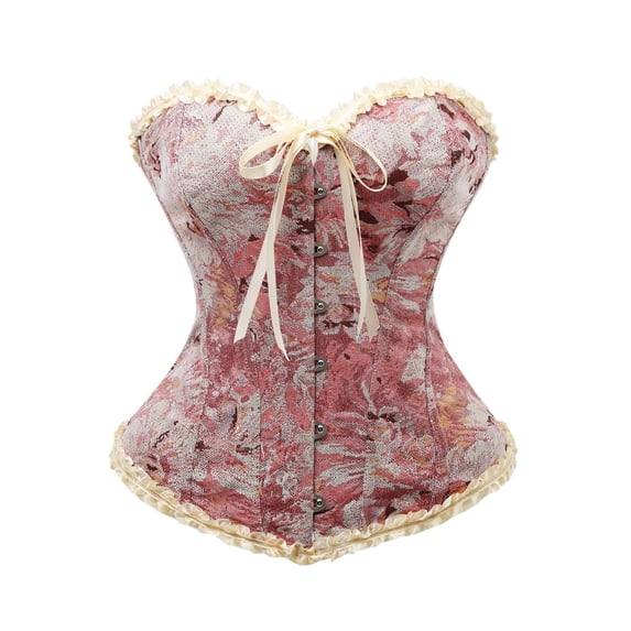KHONTS Women's Lace up Corset Top Retro Floral Printed Overbust Body Shaper Bustier Corsets Pink L