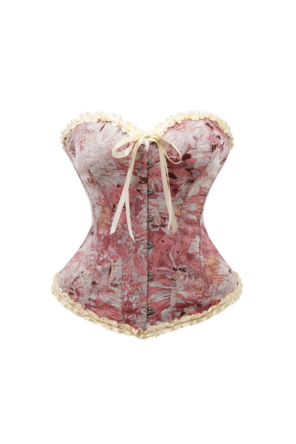 Women's Lace up Corset Top Retro Floral Printed Overbust Body Shaper Bustier Corsets Pink S