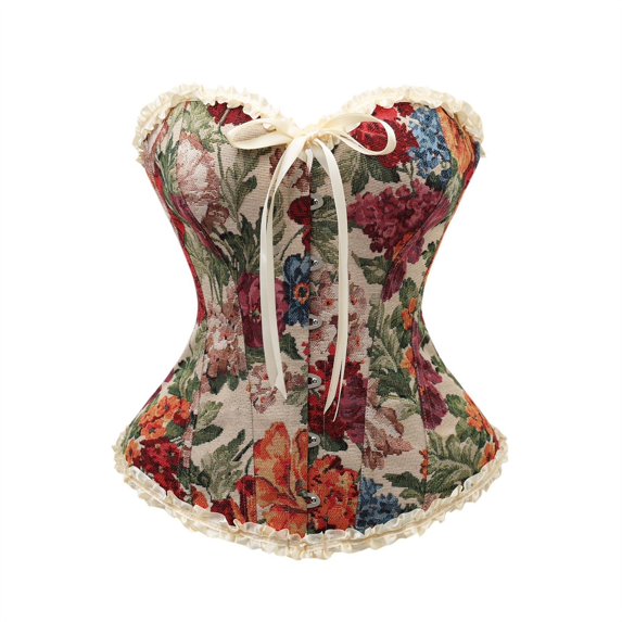 KHONTS Women's Lace up Corset Top Retro Floral Printed Overbust Body Shaper Bustier Corsets Red XXL