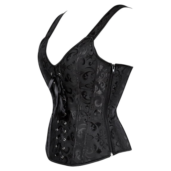 KHONTS Women's Lace up Gothic Jacquard Shoulder Straps Tank Overbust Shaper Corset Bustiers Tops Black XXXL