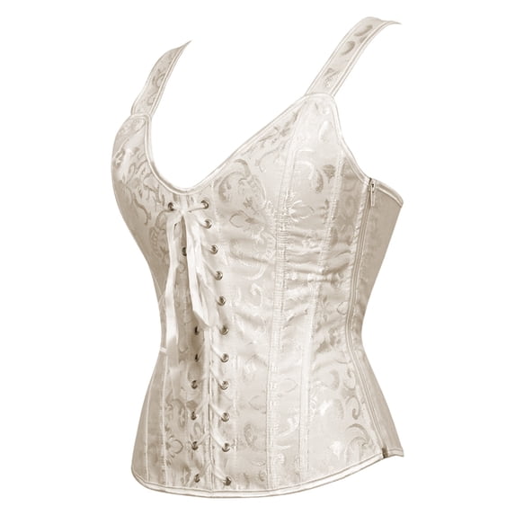 KHONTS Women's Lace up Gothic Jacquard Shoulder Straps Tank Overbust Shaper Corset Bustiers Tops Khaki XS