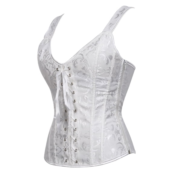 KHONTS Women's Lace up Gothic Jacquard Shoulder Straps Tank Overbust Shaper Corset Bustiers Tops White XS