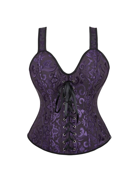 Women's Lace up Gothic Jacquard Shoulder Straps Tanks Overbust Shaper Corset Bustiers Tops Dark Purple XXL