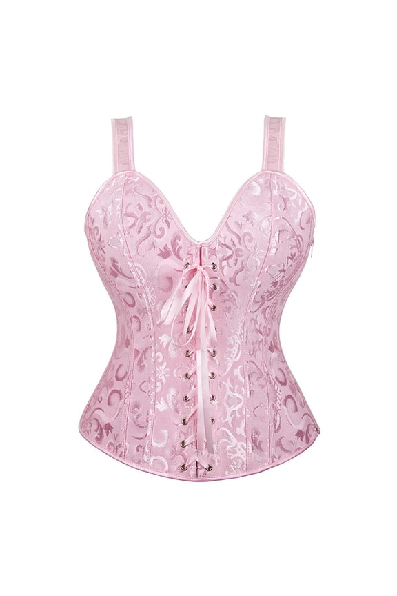 Women's Lace up Gothic Jacquard Shoulder Straps Tanks Overbust Shaper Corset Bustiers Tops Pink XS