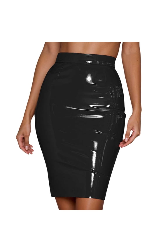 Women's Latex Pencil Midi Skirt High Waisted Bodycon Metallic Look Office Lady Knee Length Skirt Black M