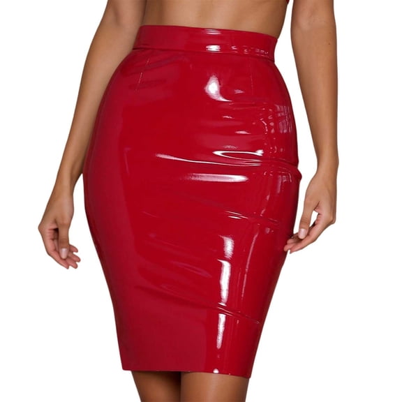 KHONTS Women's Latex Pencil Midi Skirt High Waisted Bodycon Pvc Metallic Look Office Lady Knee Length Skirt Red S