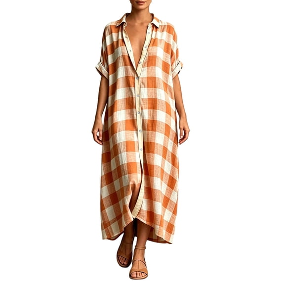 KHONTS Women's Linen Maxi Shirt Dress Short Sleeve Button down Casual Dress Loose Summer Gingham Beach Cover up Dresses Orange XL