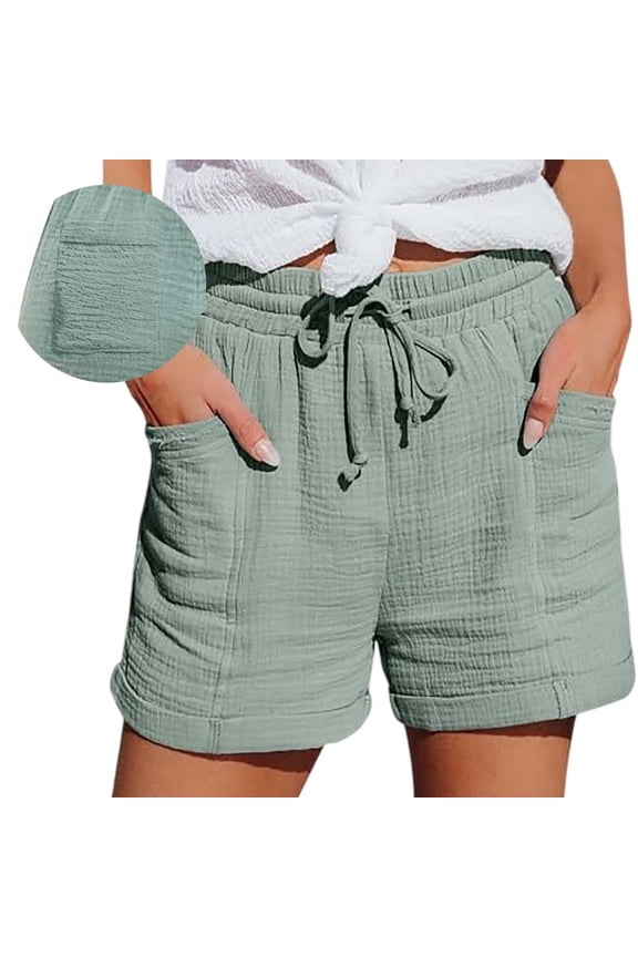 Women's Linen Summer Shorts Comfy Boho Elastic Drawstring Beach Short Pants High Waist with Pockets Mint Green L