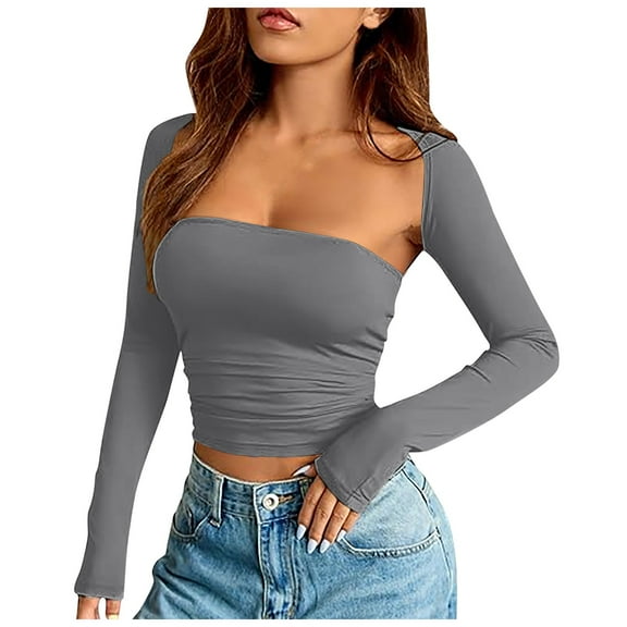 KHONTS Women’s Long Sleeve Crop Tops Cutout Slim Fit T-Shirt Fall Basic Tees Streetwear Grey XS