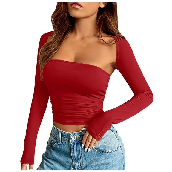 KHONTS Women’s Long Sleeve Crop Tops Cutout Slim Fit T-Shirt Fall Basic Tees Streetwear Red S