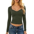 thumbnail image 1 of KHONTS Women's Long Sleeve V-Neck T Shirts Slim Fit Basic Fall Crop Tops Seamed Going out Tops Army Green S, 1 of 6