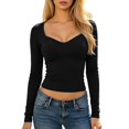 thumbnail image 1 of KHONTS Women's Long Sleeve V-Neck T Shirts Slim Fit Basic Fall Crop Tops Seamed Going out Tops Black M, 1 of 6