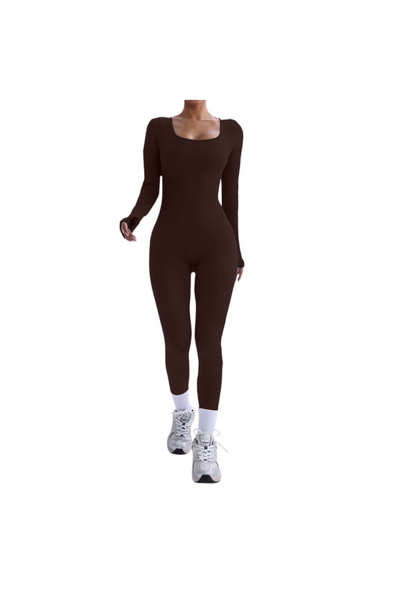 Women's Long Sleeve Yoga Jumpsuits Workout Ribbed Bodysuits One Piece Running Athletic Fitness Casual Fashion Activewear Coffee XL