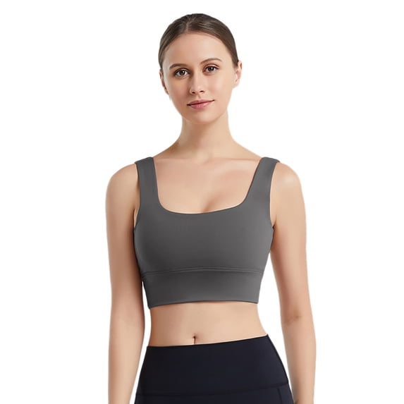 KHONTS Women's Longline U-Back Sports Bras Scoop Neck Padded Yoga Workout Wireless Tank Tops Grey L