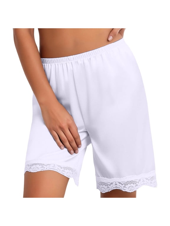 Women's Loose Half Slip Shorts Loose Fit Lace Trim Pettipants Culotte Slip Bloomers Split Underwear Shorts White XXL