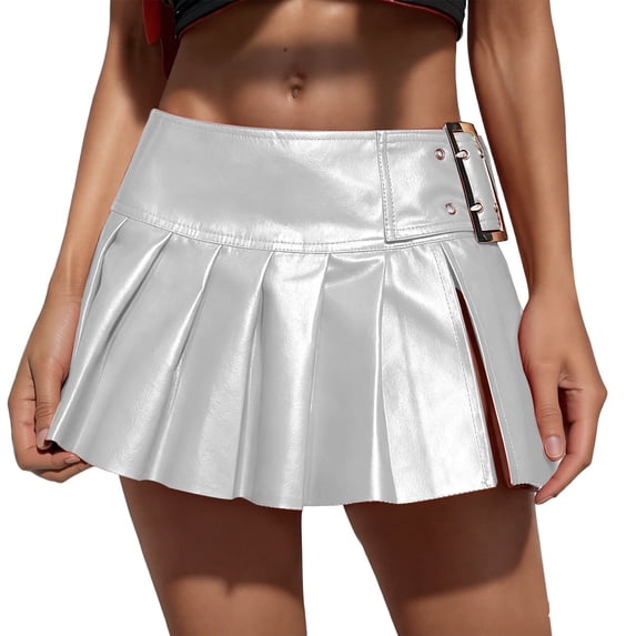 KHONTS Women's Metallic Mini Skirt Low Rise Buckle Detail Zipper Slit Short Pleated Skirt Silver XL