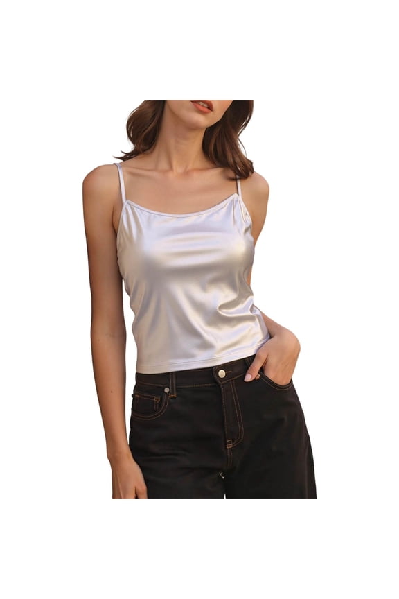 Women's Metallic Shiny Camisole Disco Party Sleeveless Slim Fit Tanks Tops Rave Fashion Tunic Undershirts Silver XL