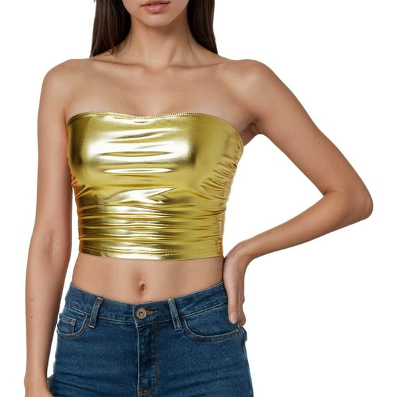 KHONTS Women's Metallic Strapless Crop Tops Shiny Bandeau Tops Rave Tube Tops for Dancing Festivals Gold XL