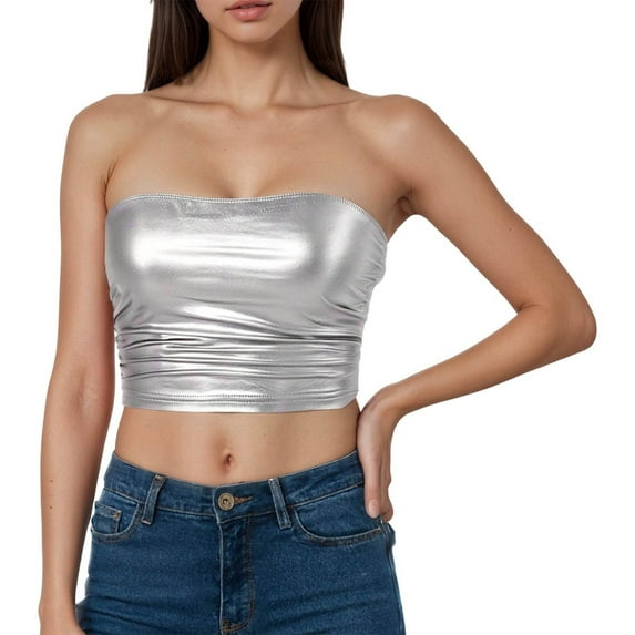 KHONTS Women's Metallic Strapless Crop Tops Shiny Bandeau Tops Rave Tube Tops for Dancing Festivals White XL
