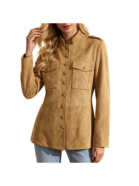Women's Mock Neck Suede Fall Jacket Slim Fit Winter Jacket with Shoulder Tabs Flared Hem Button Shacket Khaki XS