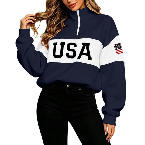 KHONTS Women's Neck Sweatshirts Quarter Zip Pullover Tops USA Sweatshirt Long Sleeve Casual Patriotic Tops Navy XXXL